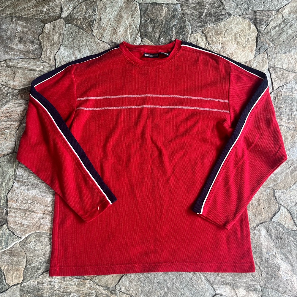 Faded Glory Red Crewneck Sweater with Navy Stripes